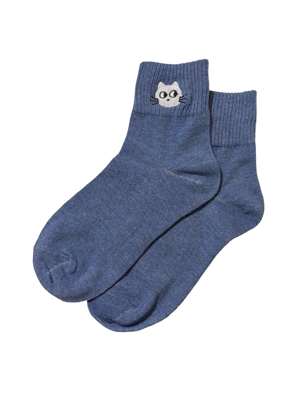 Cat Embroidered Low Crew Socks Dusty Denim Blue Women’s One Size Sz OS Cute Cat